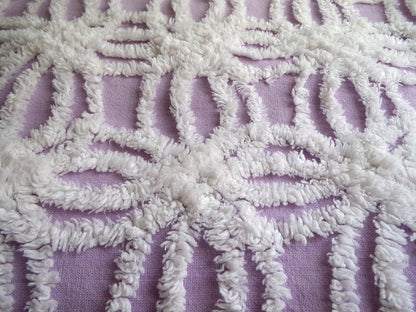 lilac chenille fabric, plush white wedding rings on purple, 18" x 24" inch piece cut from vintage chenille bedspread