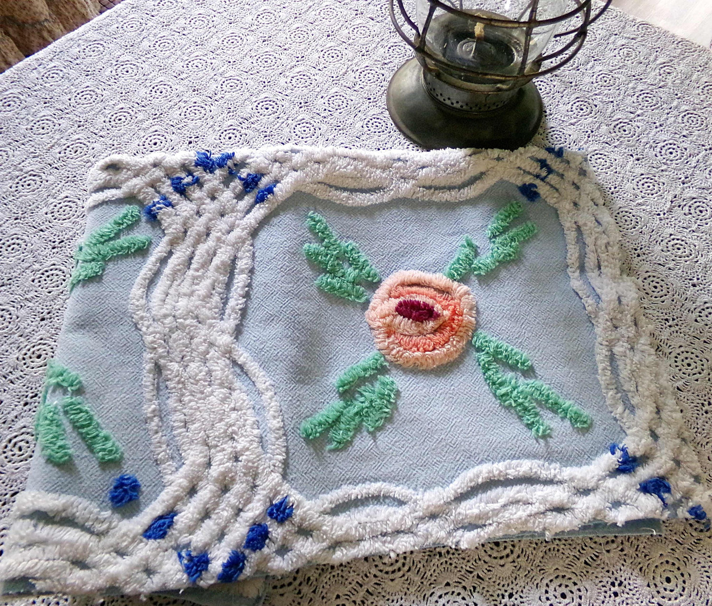Cottage Style Blue Chenille Fabric, Pretty Pink Roses, 23" x 21" inch Piece, Great for Handmade Quilts & DIY Pillow Covers