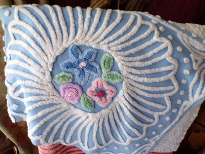 Beautiful Cottage Chic Doily Floral Vintage Chenille Fabric Piece, 25.5" x 38", for DIY Pillows & Quilts