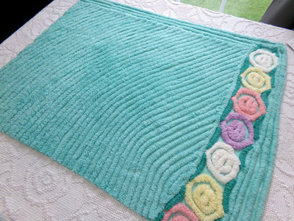 vintage plush aqua chenille fabric, rainbow lollipop roses design, 19" x 24" piece of sewing material