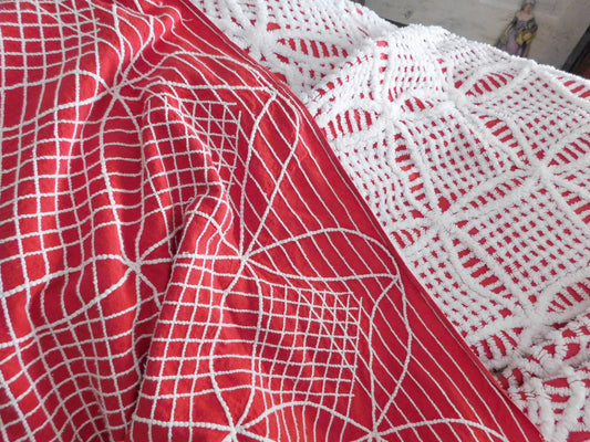 Vintage Red Chenille Bedspread, Full Size, White Tufted Geometric Design, 100% Cotton