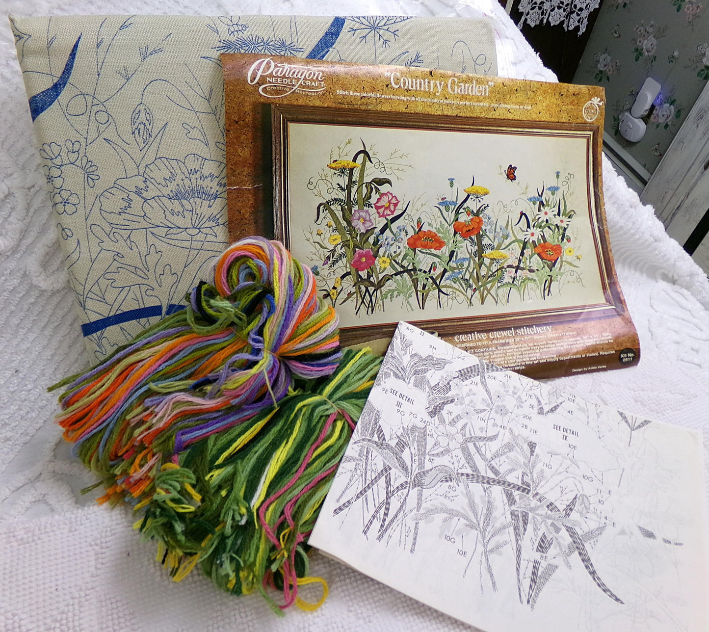 COUNTRY GARDEN Rare Crewel Stitchery Kit, Flower Power Meadow Scene Wall Hanging, Vintage 0511 Paragon Needlecraft Embroidery by Adele Veres