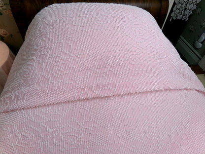 Vintage Twin Chenille Bedspread | Pink White Hobnail Rose Pattern with Fringe | Shabby Chic Woven Cotton Bedding