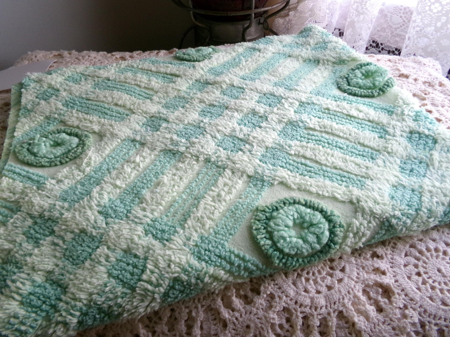 Donut Dots Vintage Chenille Fabric Material, 24" x 20" inch Piece, Lightweight Shamrock Green