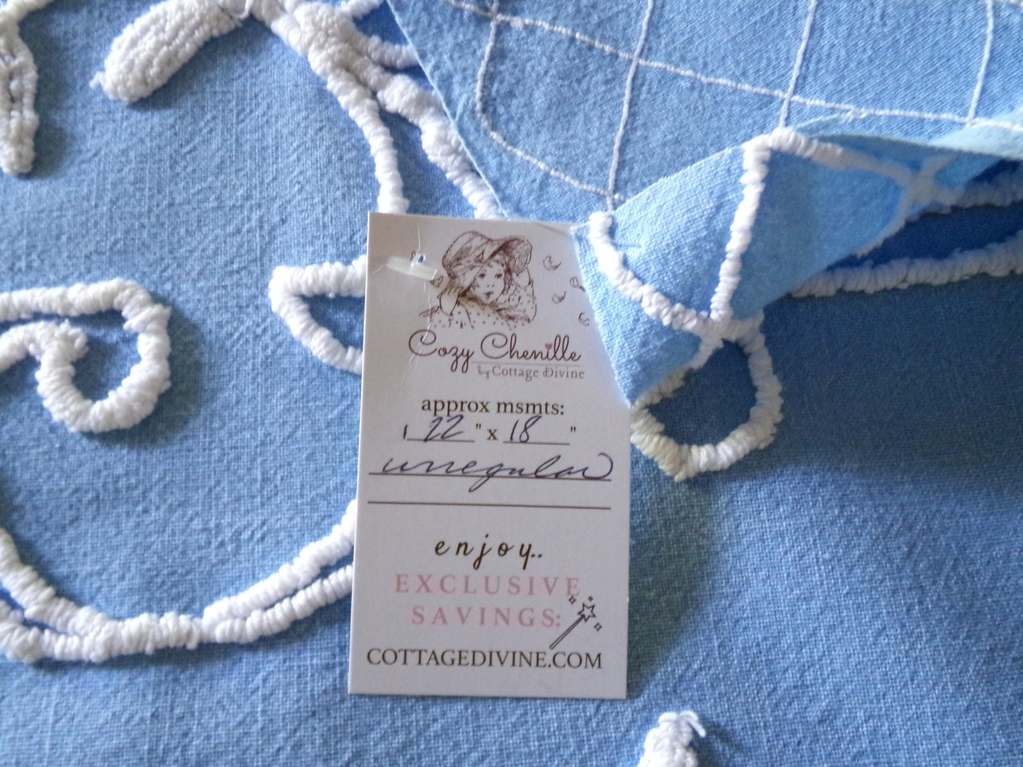 Romantic Pink Rose Vintage Chenille Fabric, 18" x 22" inch Piece, Blue Cotton Bkgd, Pretty for Pillow Covers or Quilting