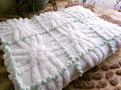 Popular Vintage Chenille Quilt Fabric, Mint Green Pearl Pops & White Spider Rings, 25" x 18" inch Piece