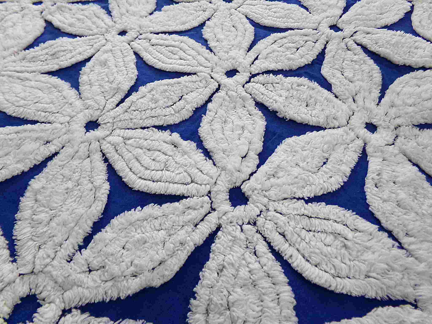 vintage chenille fabric, big beautiful white daisies on dramatic cobalt blue, 20" x 24"' inch piece, plush abstract coastal floral pattern