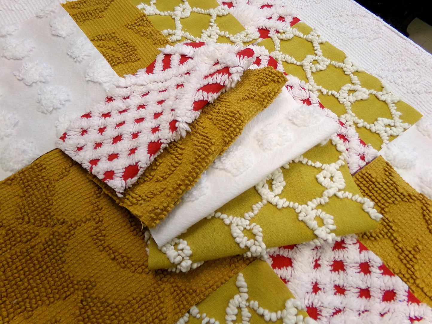 Vintage Chenille Fabric Squares - Set of 16 - Sporty Gold, White & Red - 6" Quilt Blocks