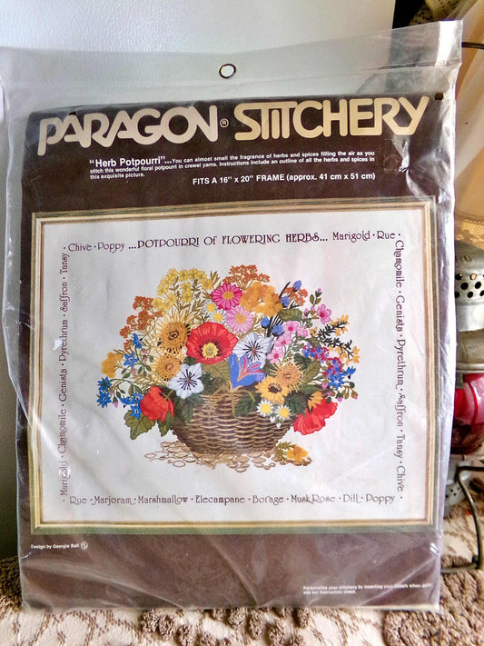 HERB POTPOURRI Paragon Creative Crewel Stitchery Kit, Vintage Herbs & Spices Floral Embroidery # 0607, Fits 16" x 20" Frame, Georgia Ball