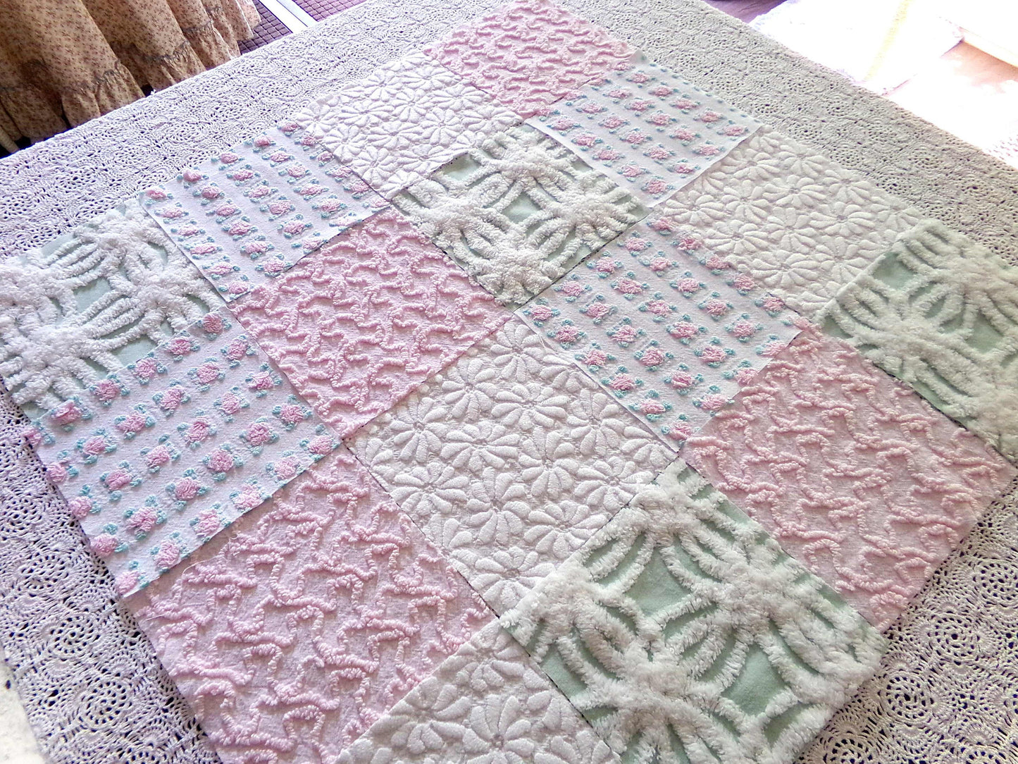 Chenille Squares Set, "Summer Bliss," 16 Vintage Fabric Quilt Blocks, 6" inch in White Daisy, Pink Rosebud, Mint Green, Squiggles
