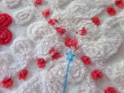 Sweet & Shabby Red Flowers Vintage Chenille Fabric, 16" x 20" Inch Piece, Frosty White Plush Swirls, Fun in Festive Crafts