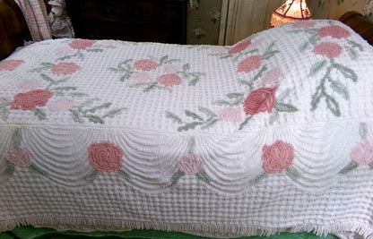 luxurious plush tufted chenille bedspread, muted natural roses, thick white grids, swags & accent fringe, vintage twin size cottage bedding