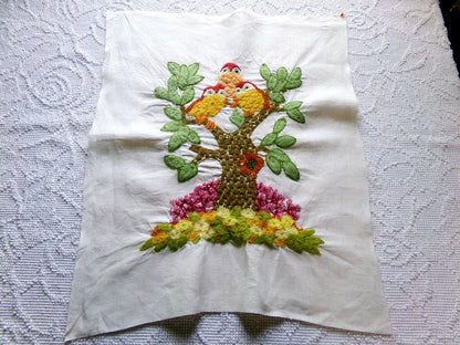 Hippie Fairytale Owl Embroidery Finished 1970s Piece, "Winkin, Blinkin & Nod," Cute Completed Paragon Crewel Stitchery 02236x, 16" x 19"