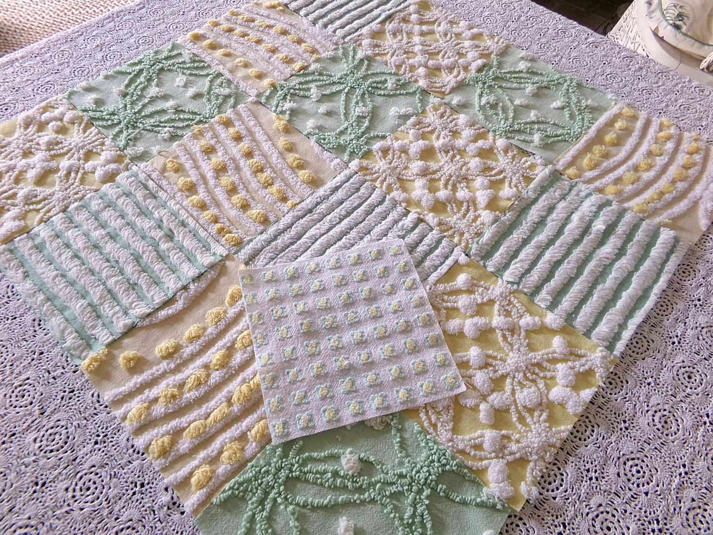 Springtime Fresh Chenille Fabric Squares Set in Yellow, Green & White, 17 Blocks, 6" inch ea, Cheery Stripes, Dots Geometric Designs