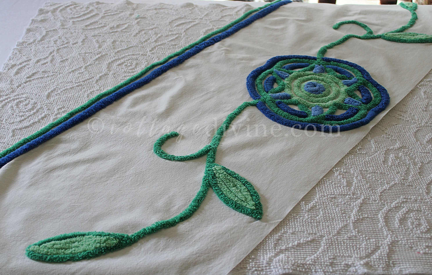 Retro Flower Power Vintage White Chenille Fabric, Striking 15.5" x 47" inch LARGE piece, Handmade Floral Design