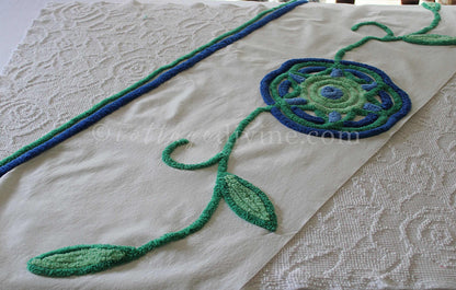 Retro Flower Power Vintage White Chenille Fabric, Striking 15.5" x 47" inch LARGE piece, Handmade Floral Design