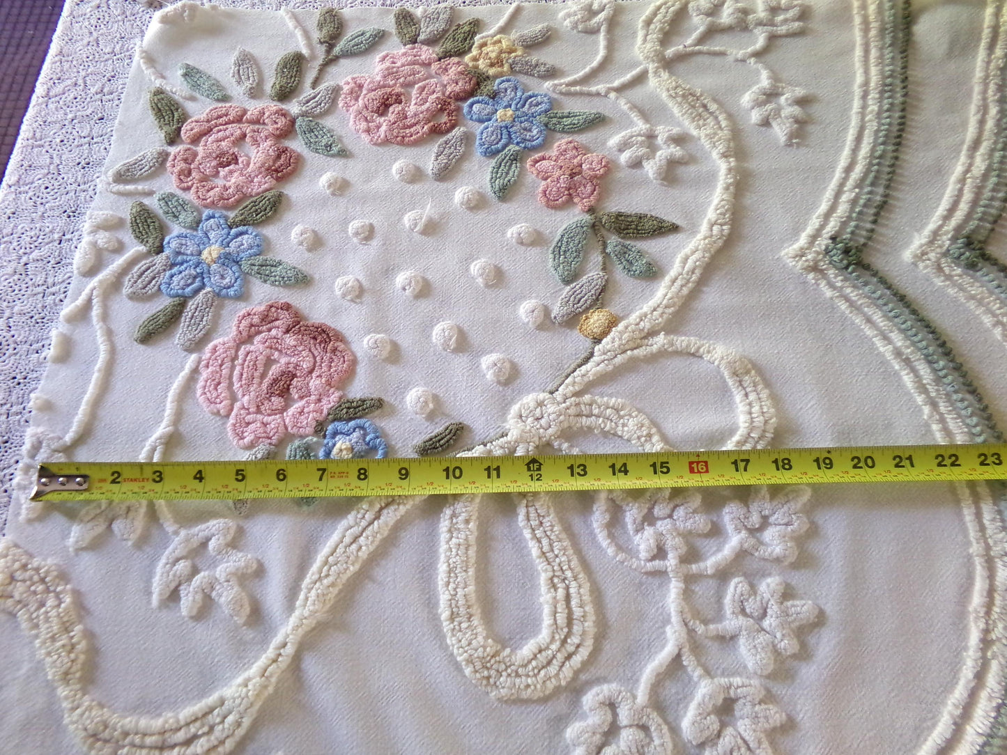 Romantic Cottage Chic Vintage Chenille Fabric, 28" x 26" Piece, Needletuft Floral Wreath Ivy Bow, for Quilting, Sewing, Fiber Arts, Crafts