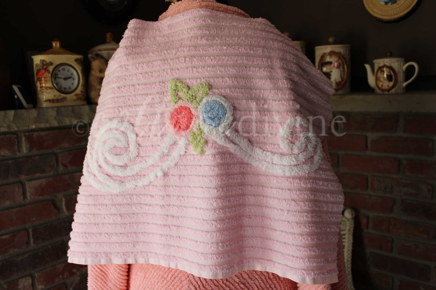 Simple Pink Floral Scroll Vintage White Chenille Fabric, 26" x 17" inch Piece, Great for Pillow Front