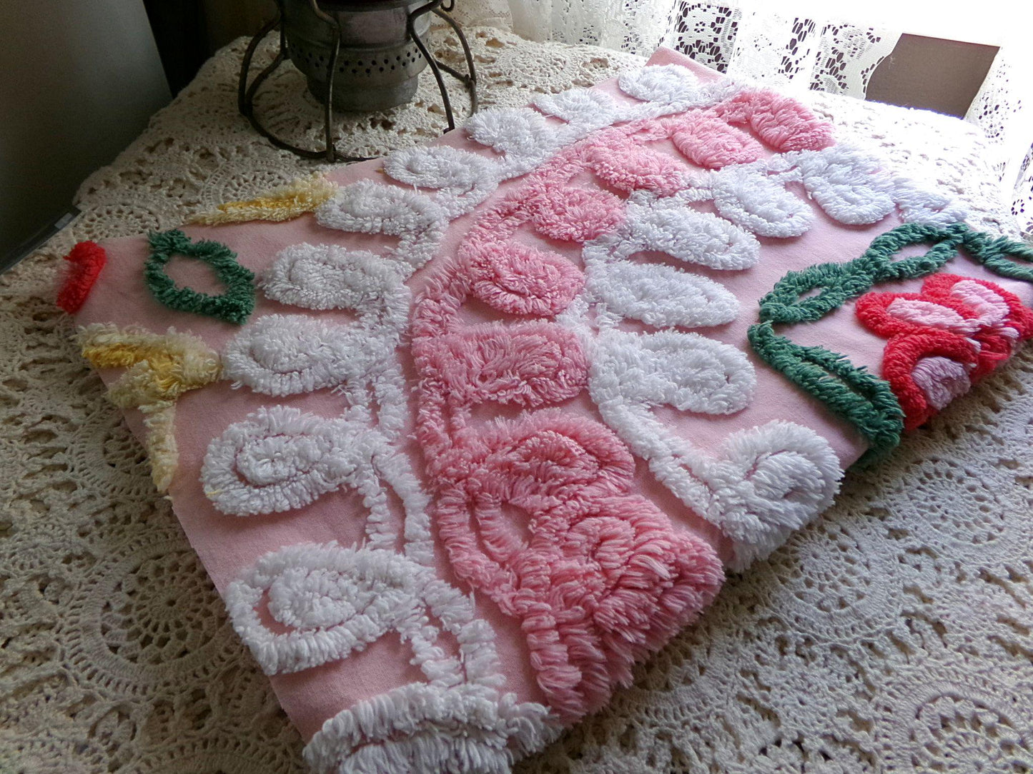 frosted pink cupcake vintage chenille fabric, iced wedding cake design with rose flower, 21" x 30" inch piece of sewing material