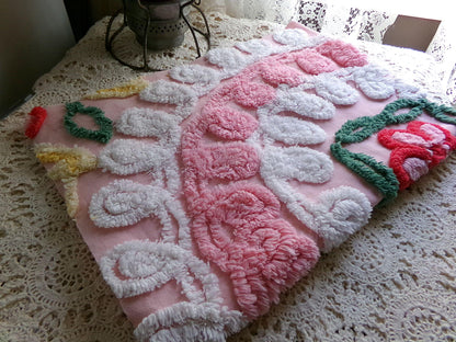 frosted pink cupcake vintage chenille fabric, iced wedding cake design with rose flower, 21" x 30" inch piece of sewing material