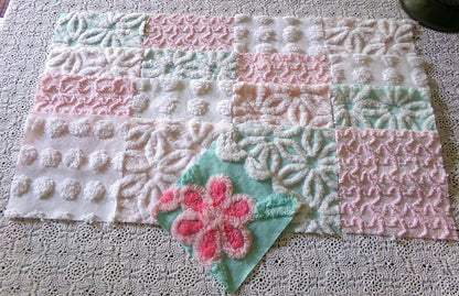 cottage chic 6" chenille squares, set of 17 aqua, pink & white quilt blocks cut from vintage chenille bedspread fabrics, daisies 'n dots