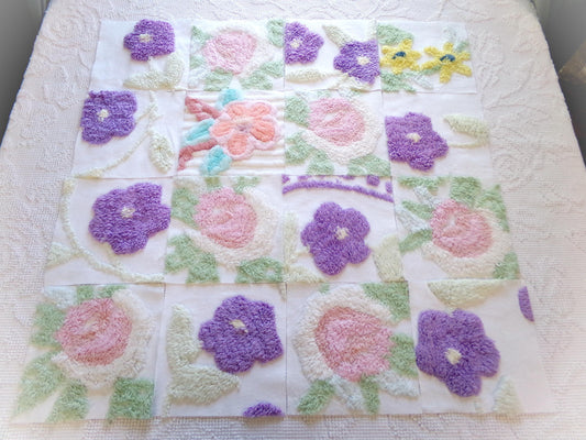 storybook florals vintage chenille fabric squares, set of 16 whimsical floral 6" quilt blocks for crafts, sewing, diy pillow covers