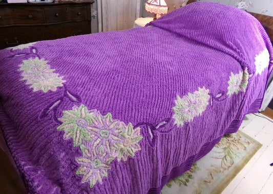 Plush Purple Passion Vintage Chenille Bedspread, Green Lily Floral Full Size Bedding