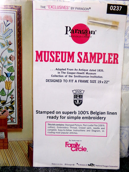 Vintage MUSEUM SAMPLER Embroidery Kit, Cooper-Hewitt Smithsonian Institution, Paragon Creative Crewel Stitchery, 0237, Linen Canvas