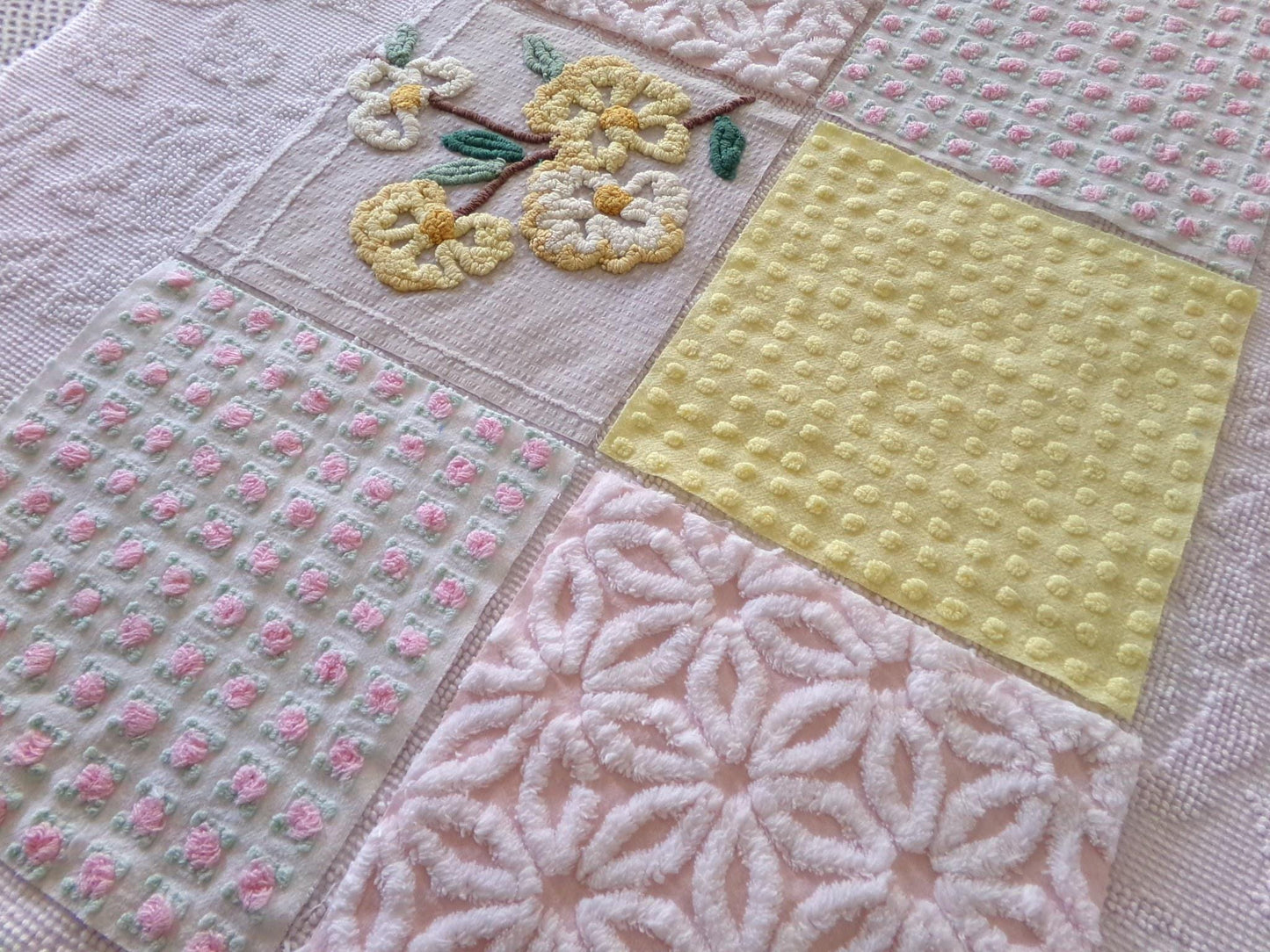 chenille fabric squares, set of 6 big 9.5" square quilt blocks from vintage chenille bedspreads, dainty daisy, pink rosebud, floral, dots