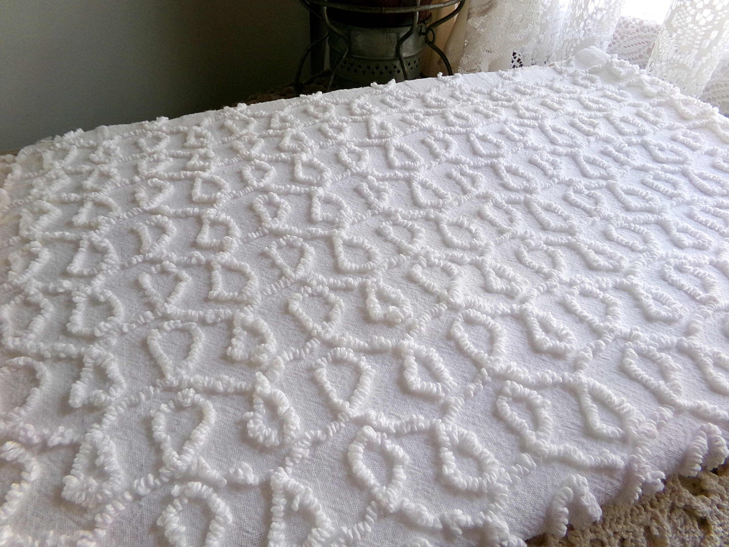 White Cursive Loops Texturized Chenille Material, 19" x 27" inch Needletuft Piece, Neutral Vintage Fabric for Handmade Quilts, DIY Pillows