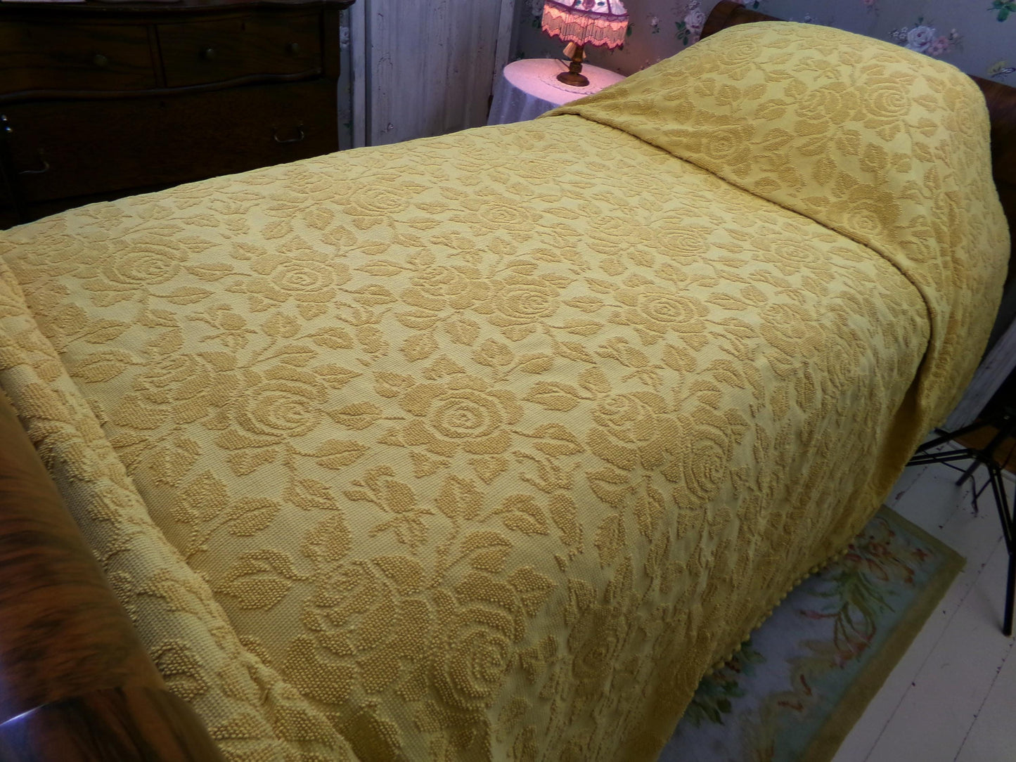 Vintage Chenille Bedspread in Sunflower Honey Golden Blonde | Hobnail Cabbage Rose Woven Texture | On Trend Boho Style Heavyweight Spread