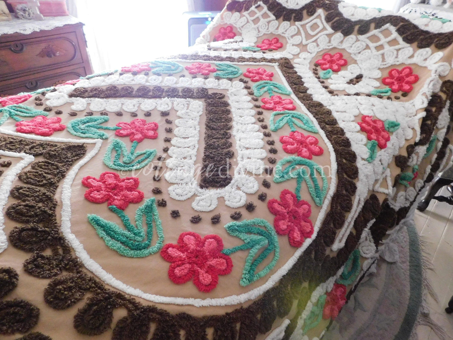 Chocolate Cherry Heart Cake Midcentury Vintage Chenille Bedspread, Cotton, Full Size