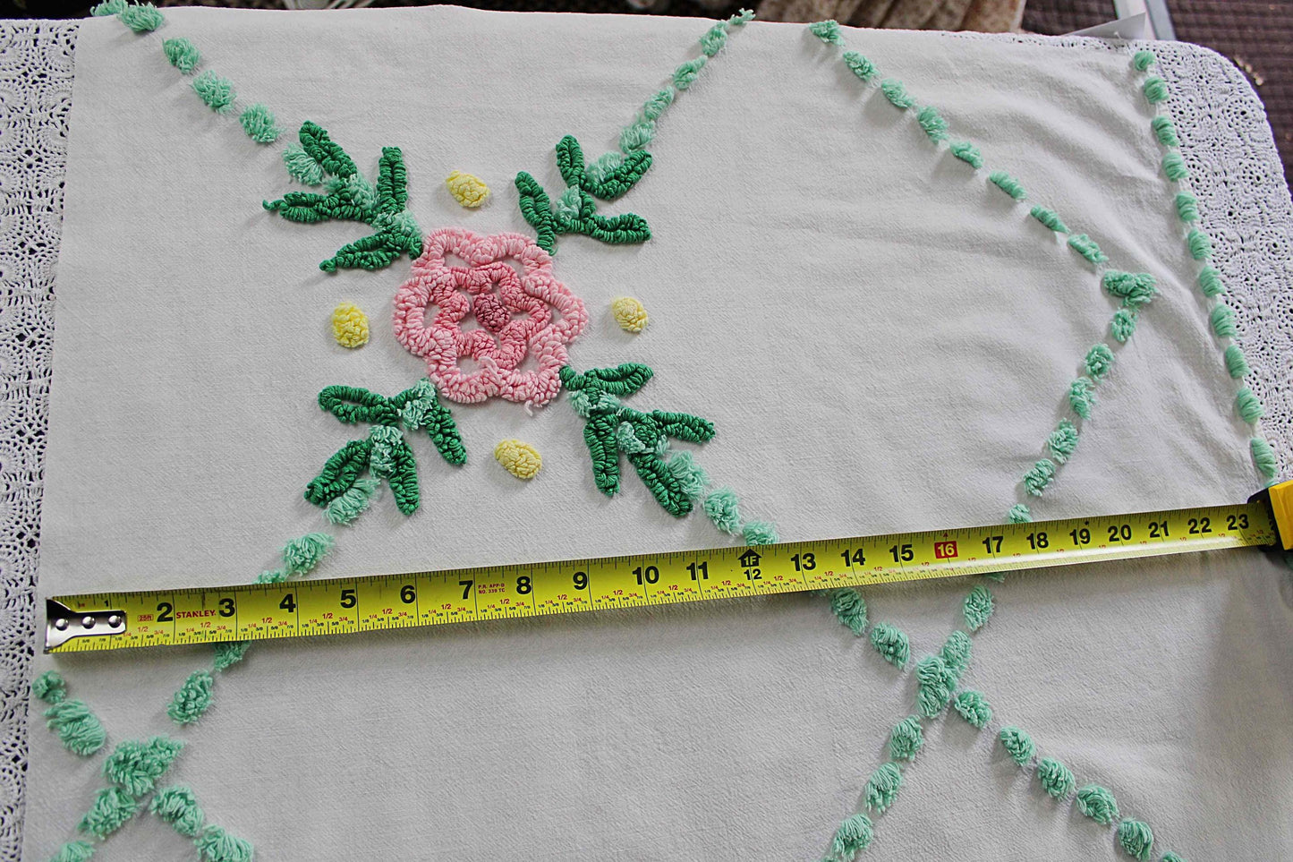 simple floral vintage chenille fabric, 32" x 23" cut piece, jadeite & white pops with pink rose flower, lightweight cotton