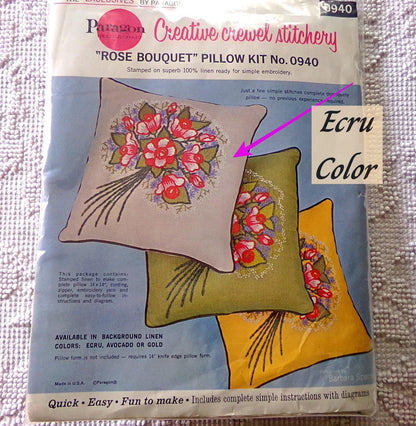 ROSE BOUQUET Pillow Crewel Embroidery Kit, Vintage Paragon Creative Stitchery #0940, Design by Phyllis Hall