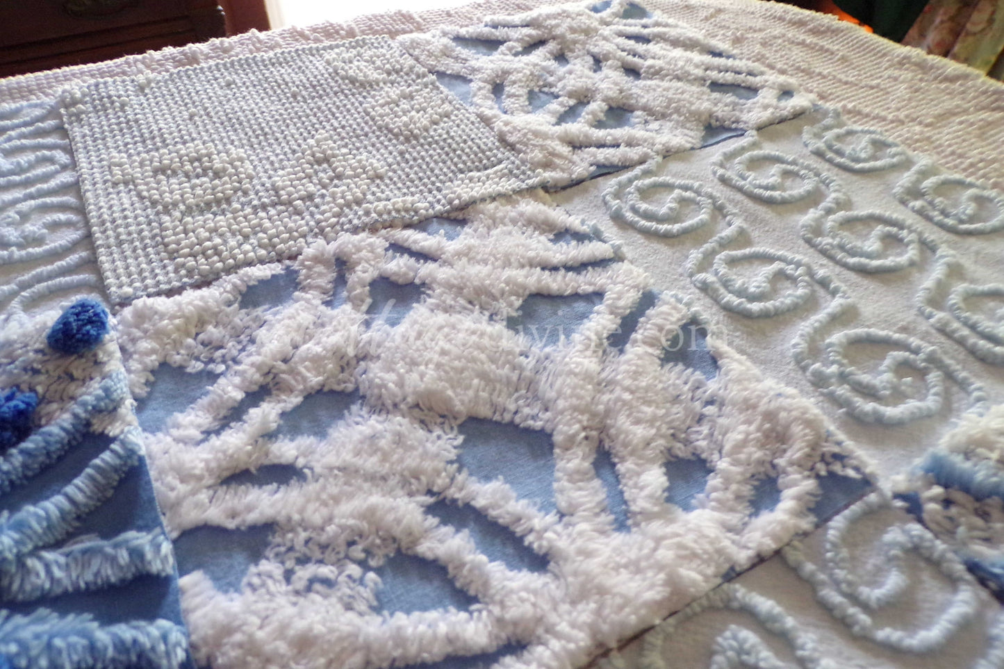 Boho Blues Fabric Squares Set, from Vintage Chenille Bedspread Fabrics, 16 Blocks, 6" x 6" inch