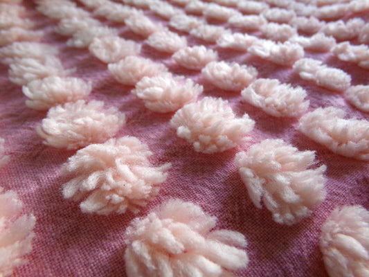 cotton candy puff pops chenille fabric, cute fluffy raised bobbles on pink rose, 20" x 24" inch piece with twisted fringe