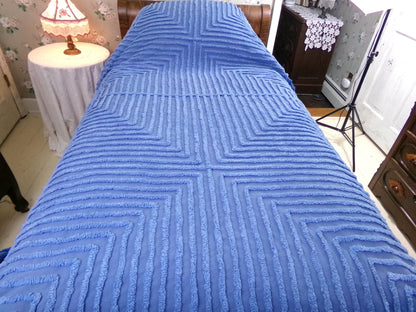 shabby sea nymph blue vintage chenille bedspread, coastal chic geometric design, full size cotton bedding