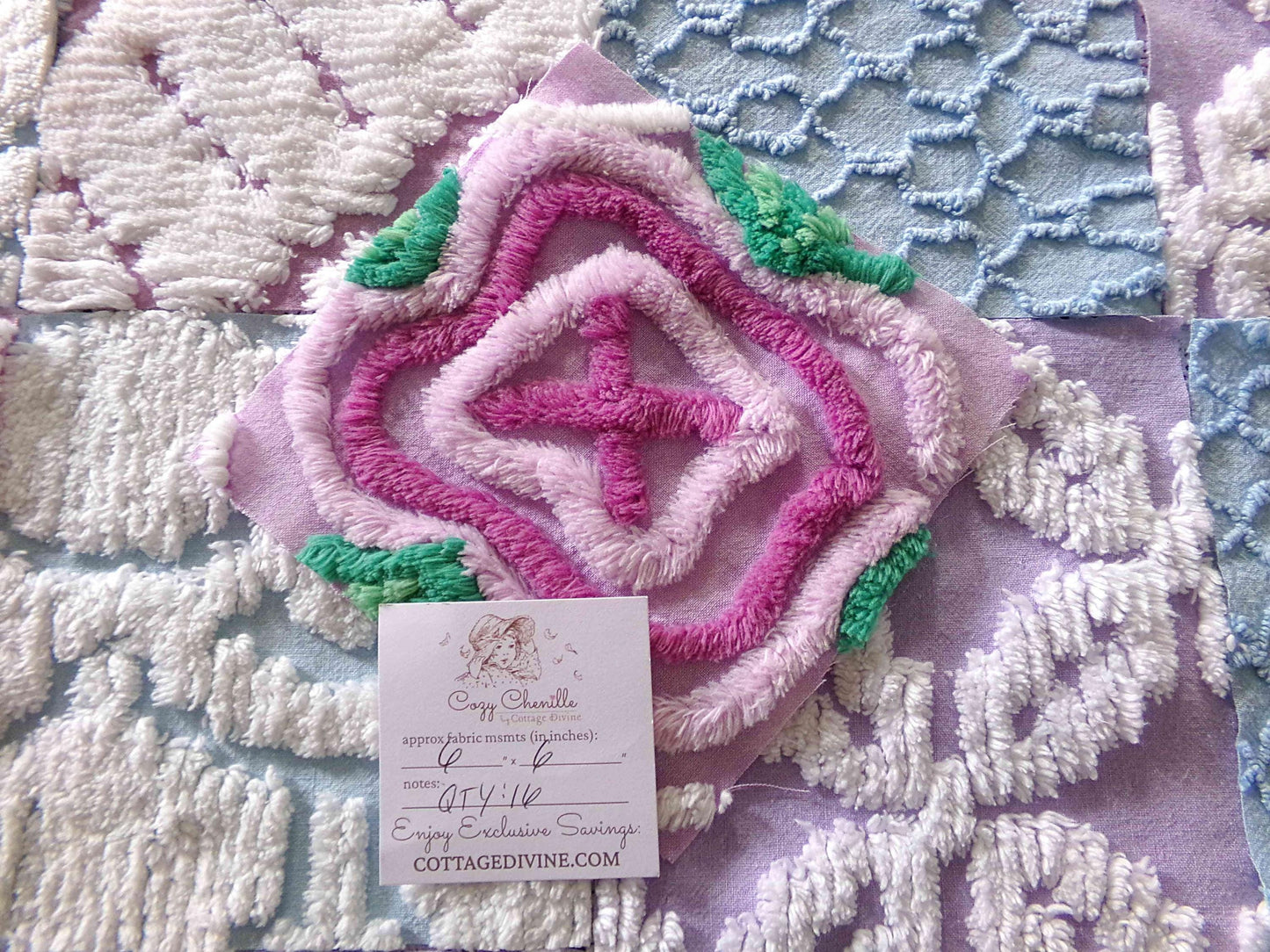 sleep softly chenille fabric squares, serene blue, lilac & white, 17 vintage quilt blocks 6" x 6" inch, for pillows, quilting, crafts