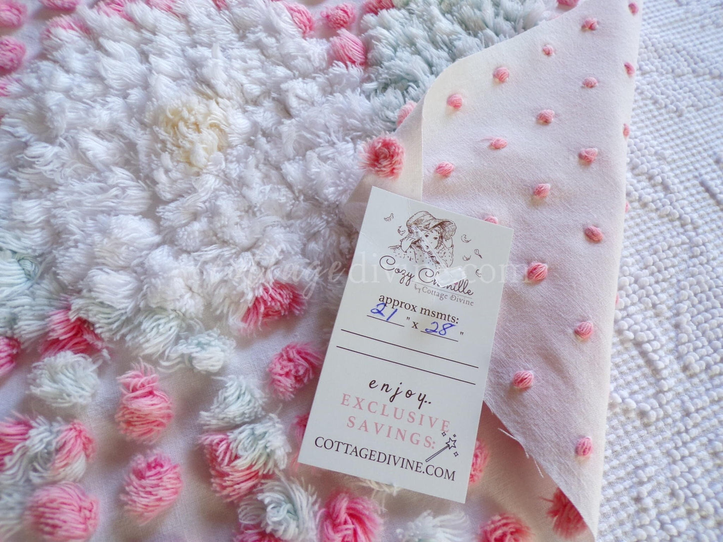 Angelic White Lily Cupcake Pink Pops Handtufted Vintage Chenille Fabric, 21" x 28" inch antique piece, Beautiful in DIY Pillows