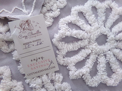 lavender mist cottage chic chenille fabric, plush white daisies, 17" x 26" piece of vintage sewing material for quilting, fiber arts