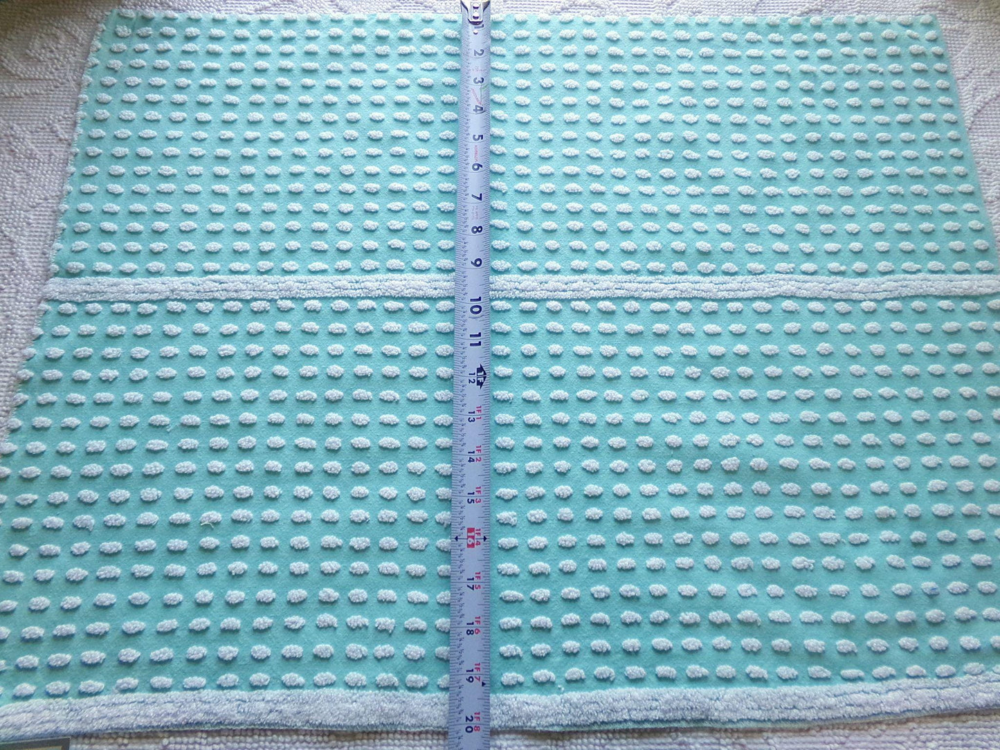 nubby elongated pops vintage chenille fabric, shabby unique 18" x 24" cut piece, white dots on aqua teal lightweight cotton