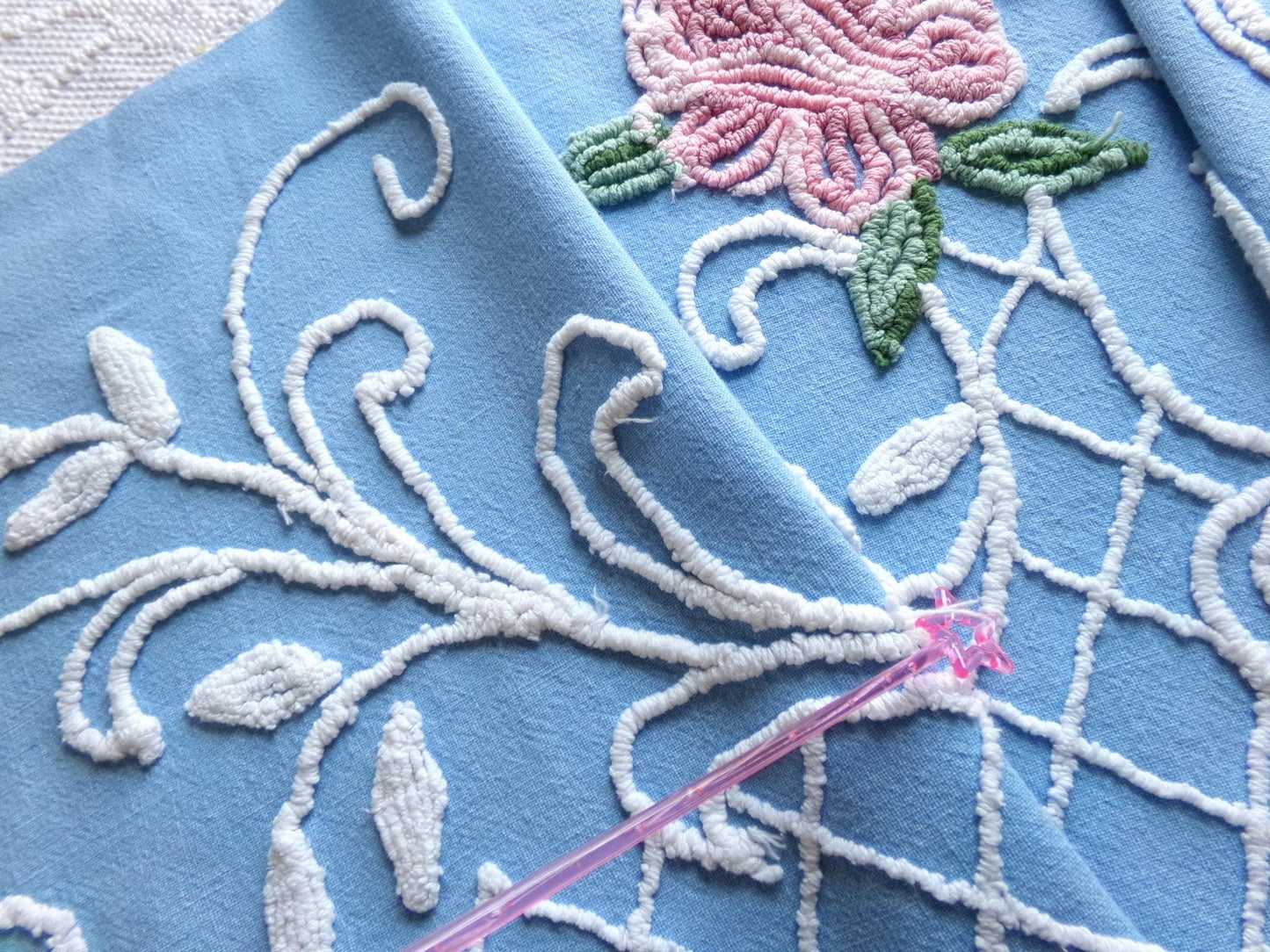 enchanted pink rose vintage chenille fabric, blue floral sewing material, 15" x 30" inch piece for wallhanging, quilts, fiber arts