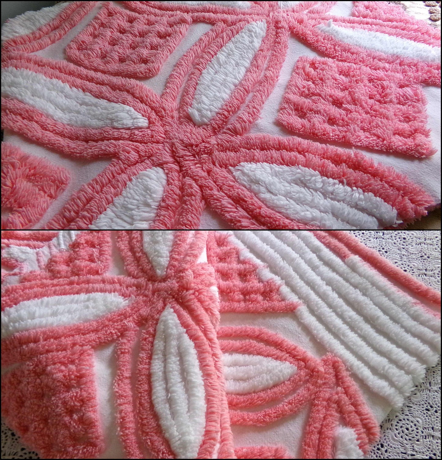 Plush Pink & White Vintage Chenille Fabric, 24" x 30" Inch Piece, 100% Cotton, Optic Wedding Ring Pattern, Great for DIY Pillows