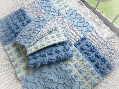 magical moonglow chenille fabric squares, 16 vintage 6" quilt blocks in blue & white, for sewing, crafts, fiber arts