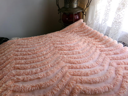 Fluffy Peach Waves Vintage Chenille Fabric, 17" x 24" inch Piece, Plush Ripple Pattern for Quilts, Pillows, Crafts & Sewing