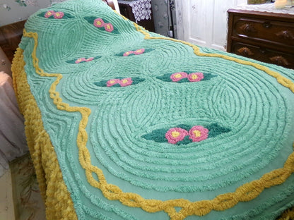 Vintage gold & green chenille bedspread, pink roses, attached ruffle skirt, twin sz
