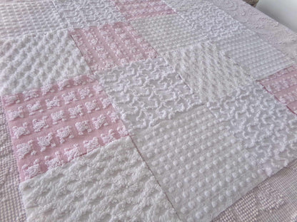 angel feathers chenille fabric squares, pink & white rosebud, lattice, dots, squiggles, vintage square set of 16 quilt blocks, 6" x 6" inch