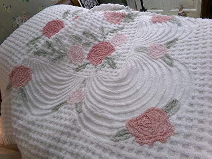 luxurious plush tufted chenille bedspread, muted natural roses, thick white grids, swags & accent fringe, vintage twin size cottage bedding