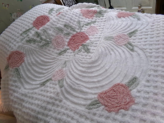 luxurious plush tufted chenille bedspread, muted natural roses, thick white grids, swags & accent fringe, vintage twin size cottage bedding