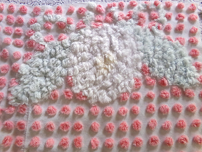 Darling White Lily Vintage Fabric, Handtufted Antique Chenille Pink & White Pops, 20" x 28" Inch Piece